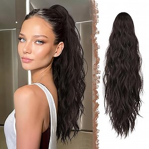 FESHFEN Gewellt Pferdeschwanz Haarteil mit Klammer, Cruly Lang Zopf Extensions Claw Clip in Wavy Ponytail Extension Synthetik Haarverlängerung für Frauen Damen 63cm Dunkelbraun