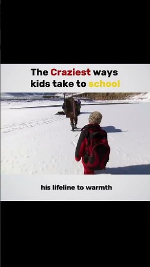 Frozen River Trek to school. How children walk through a frozen river to school
