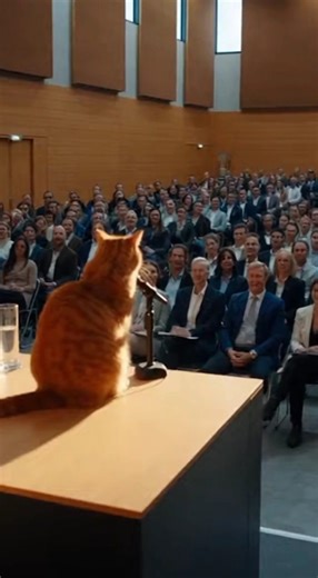 a cat speech in hall and all man clapping 👏 the cat 🐈