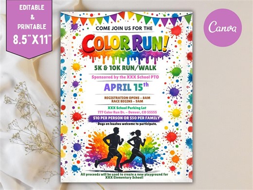 Color Run Flyer Template | School Fundraiser Event Poster (digital Download) - Etsy