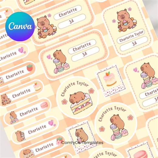 Editable Capybara Dessert Name Labels | Printable Kids School Stickers (digital Download) - Etsy UK