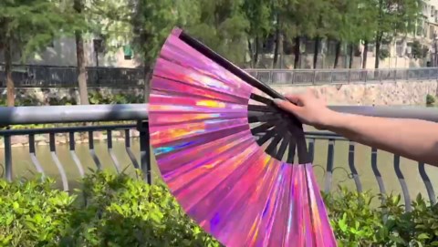 EOSAU Large Holographic Rave Fan Folding Hand Fans for Line Dancing Portable Handheld Clack Fan for Festival EDM Party Music Outfit Accessories (13" Pink 01)