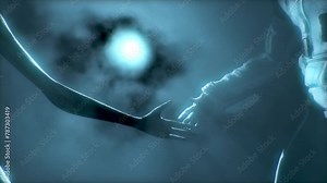 Astronaut meets a grey alien and shakes his hand. First contact. Alien on Moon. Colonization and space exploration concept. Volumetric light.. UFO futuristic concept. 3D rendering.