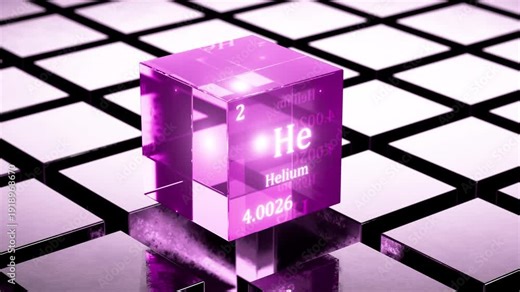 Helium, an element in the periodic table. The chemical element helium. Animation of helium gas in the periodic table. A cube with the chemical element helium.