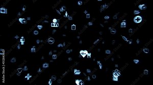Health care and medical icons loop able background. Design for modern communications, medicine, science and digital technology. Blue over Black background.