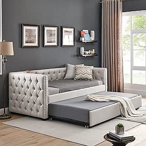 Daybed with Trundle, Twin Size Upholstered Tufted Sofa Bed with Button and Copper Nail, Furniture for Bedroom Living Room Guest Room, Modern Day Bed Sofa Bed FrameWood Slat Support (Beige, Twin)