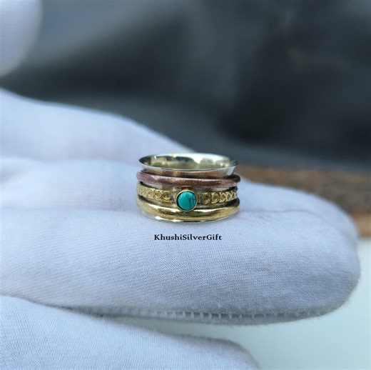 Blue Turquoise Gemstone Rings~ 3 Metals Ring Solid 925 Starling Silver~ Copper Ring~ Brass Ring~ Spinner Rings~ Gift for Her~ /// - Etsy