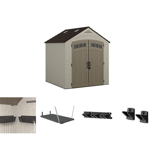Suncast Vista 7 ft. x 7 ft. Resin Shed with Black Tool Accessory, Loft, and Basket Kit Combo (9-Piece) - The Home Depot