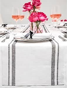 Solino Home Linen Table Runner 72 Inches Long - 100% Pure Linen Black and White French Stripe Table Runner 14 x 72 Inch for Dining, Dresser, Spring, Summer, Mothers Day