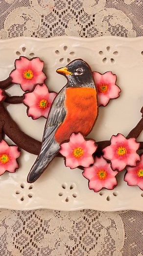 All of the robins in our yard inspired me to make a robin cookie! I iced this chocolate cookie with flood consistency royal icing, let it dry, then painted it with edible paint from Sweet Sticks. The tutorial and recipes are in the Cookie Art Club! | SweetAmbs