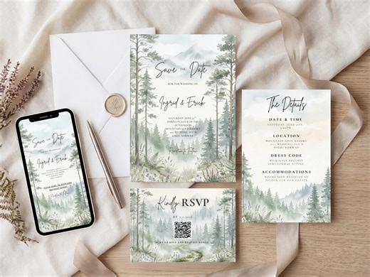 Forest Wedding Invitation Template | Woodland Pine Tree Wedding Invite | Mountain Nature Editable Canva Suite - Etsy