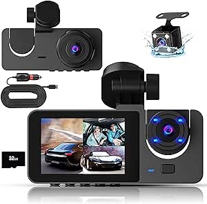 3 Channel Dash Cam Front and Rear Inside, 1080P Full HD Dash Camera for Cars with 32GB SD Card, Dash Cam Dashboard Camera Recorder 140° Wide Angle, Night Vision, WDR, 24H Parking Mode G-Sensor