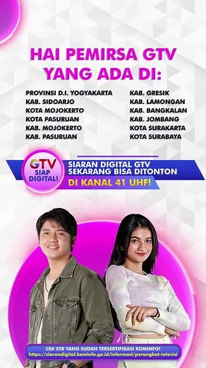 Hai G-tizen Yang berasa Di Provisi D.I Yogyakarta! Sekarang kalian bisa menyaksikan tayangan GTV di kanal Digital 41 UHF Lho... Oh iya, kalau G-tizen Belum mendapatkan siaran Digital yuk langsung aja Scan ulang set top box kalian yaa.. G-tizen bisa baca selengkapnya disini ya! https://siarandigital.kominfo.go.id/informasi/perangkat-televisi #GTV