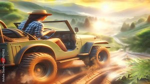 Woman driving off-road jeep through rugged terrain, seamless looping time-lapse animation in 4K