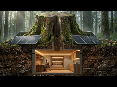 Building a house in the forest (ASMR) - Secret underground house with a tree trunk entrance