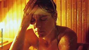 Feeling uncomfortable and dizzy in the sauna, a woman touches her forehead, sweating profusely. The heat and humidity take a toll, making her feel unwell and exhausted
