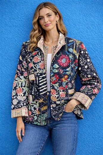 Patchwork Quilted Jacket | Black Multicolor Floral Cotton Jacket | Plain Collar Lining | Handmade Indian Kantha Coat | Boho Statement Jacket - Etsy