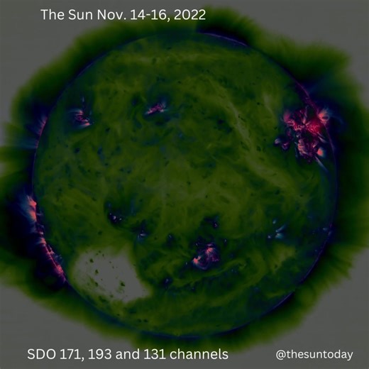 An experiment with SDO images: using color to show what's on the Sun. Larger white area=coronal holes. Long white area=filaments. Blue/pink=sunspot regions=flares&CMEs typically from here. Lots to process will break it down more over time🌞🧐🤔😃More @ bit.ly/sunactivity | The Sun Today: Solar Facts and Space Weather