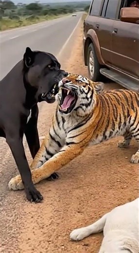 Can the big dog save the puppy from the tiger?🐯🐅🐕❗️#tiger #rescue #danger #wildlife
