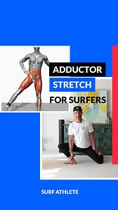 Adductor stretch. Begin by kickstanding one leg out to the side, foot in line with the knee, while keeping the other on the ground. Use your hand to gently press the kickstanded knee back to prevent it from coming forward. Pulse down while facing forwards, feeling the stretch through both groins. Remember to breathe and repeat on both sides. You should not get pinching in either hip. Give it a try and feel the benefits. #AdductorStretch #HipMobility #StretchingRoutine #SurfFitness #SurfTraining 
