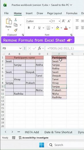 Remove formula from excel sheet and keep values !!