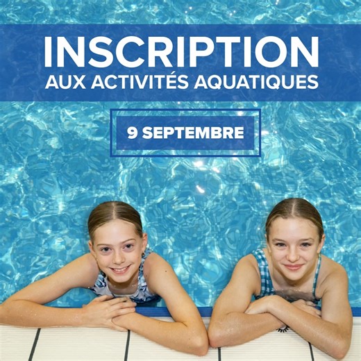 🏊 Activités aquatiques - Inscription Automne 2025 La période d'inscription en ligne aux activités aquatiques offertes par la Ville se déroulera du 9 au 21 septembre 2025. Plus de 600 cours sont offerts, dont 85 % pour les jeunes de 6 mois à 16 ans. La programmation a été élaborée en tenant compte : ▪️ des plages horaires permettant d’offrir des cours à des moments adaptés à l’âge des participants; ▪️ de la disponibilité des bassins aquatiques (rénovations, entretien, groupes scolaires, bains li