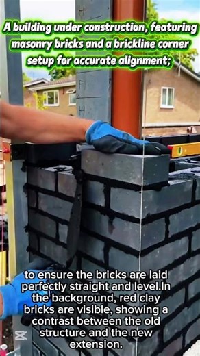 A building under construction, featuring bricks | and a corner setup for accurate alignment.
