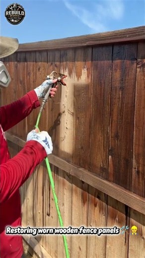 Wood Fence Stain Spraying Process 🪵 #fencestaining #diy #woodworking