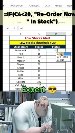 Excel IF Formula for Stock Alert | Automatic Low Stock Notification #excel #exceltricks #exceltricks