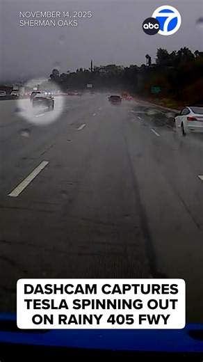 7.1M views · 17K reactions | Our dashcam on one of our news vans recorded a Tesla spinning out on the 405 Freeway this morning. Just a friendly reminder to slow down the next couple of days as the rain pours down on SoCal. Get live weather updates here: https://abc7.la/48egWfr | ABC7 | Facebook