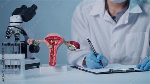 Doctor gynecologist examination of uterus cervical examination model at laboratory in medical clinic with microscope.