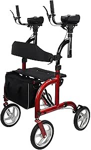 Upright Rollator Walkers for Seniors- Stand up Rolling Walker with Seats and 10" Wheels, Padded Armrest,Tall Rolling Mobility Aid with Basket, Red