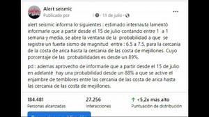 alert seismic informa lo sgte!! estimados internauta quiero aclarar que mi fans page no han sido hackeada , y el motivo de mi ausencia es por cosa personales ejemplo: laboral ya que tambien tengo vida igual como las de ustedes. Pero eso no quiere decir que deje de lado esto nada que ver... he regresado para irme con todo el tutti!!! este viernes tendrà mas pronostico sismico !! ojo!! advertencia que un posible fuerte sismo de magnitud cercana a 7.7 pueda sacudir en las costa chilena en el mes de