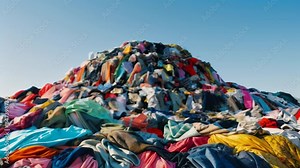 Large pile of discarded clothes forming a mountain against a clear blue sky. The colorful array of garments highlights the issue of textile waste and environmental impact.