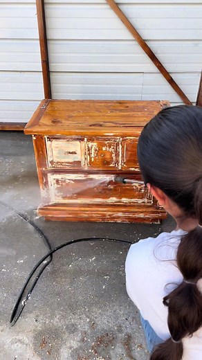 Looking for the easiest way to strip paint? If you ask me, I’d say its by putting citristrip on with a brush. Then, let it sit for about an hour. Next, pressure wash! #pressurewash #pressurewashing #pressurewasher #pressurewashingvideo #furnitureflip #citristrip #paintstrip #furniture #diyprojects #wood #diy #furniturerestoration #trashtocash #furnituremakeover #painting