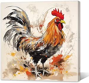 QIXIANG Rooster Canvas Wall Art Color Rooster Painting Prints Farm Animal Picture Wall Decor Country Farmhouse Kitchen Decor Frame（Rooster 1，20.00" x 20.00"）