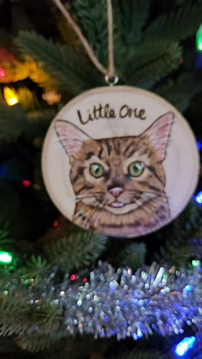 My first pet portrait ornament of the season in complete! I love how his whiskers start out black the change to white, and those little teefers! I have a hand full of ornaments available! You can get yours here: https://phoenixoakdesigns.etsy.com/listing/1806289084 #PhoenixOakDesigns #woodburning #pyrography #petportrait #petornament | Phoenix Oak Designs | Facebook