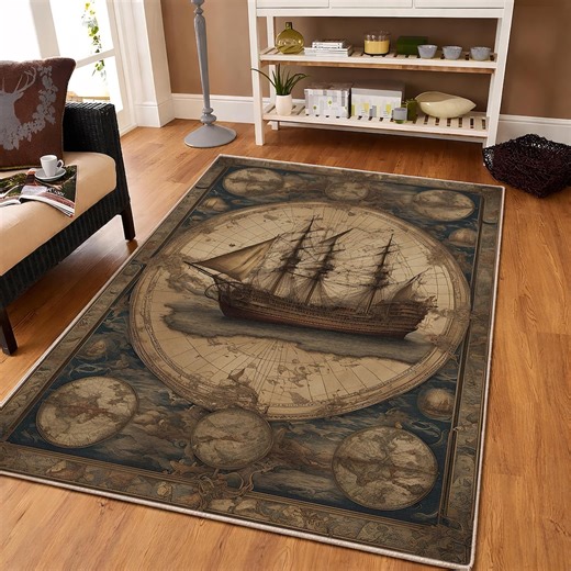 Sailing Pirate Ship Rug, Vintage Map Carpet, Compass Area Rug, World Map Carpet, Nautical Home Decor - Etsy UK