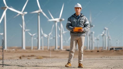 Engineer in the Wind Farm: A skilled engineer, in the midst of a wind farm, assesses the potential of sustainable energy.