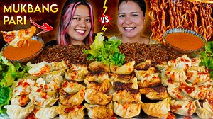 50 MOMO Black Bean Noodles Challenge ft. Kanchan Deuba 🔥 #mukbangpari #mukbang #eatingshow #asmr #momos #blackbeannoodles | Mukbang Pari
