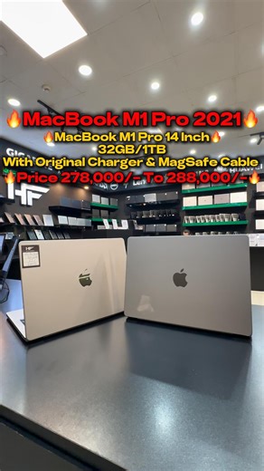 HF Laptops on Instagram: "🔥MacBook M1 Pro 2021 14 Inch🔥 With Original Charger & MagSafe Cable 🔥10C CPU 16C GPU | 32GB 1TB🔥 🔥Price 278,000/- To 288,000/-🔥 HF Laptops Price List: https://hf-store.pk/hf-laptops-price-list/ Why HF Laptops? (Short details): 🟢 30 Days Check Warranty. 🟢 7 Days Replacement Backup. 🟢 Life Time Money Back Guarantee for Genuine Parts. 🟢 Delivery Available Nationwide with Best Policies. 🟢 Life Time After Sales Service. 🟢 100% Positive Feedbacks. Visit HF Laptops