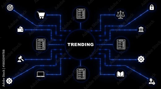 Centralized network diagram with white icons and blue glowing lines connecting to the word TRENDING