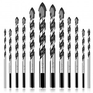 12 PCS Tungsten Carbide Drill Bits Set (1/8"-1/2") - Concrete/Metal/Tile Drill Bits for Brick Glass Porcelain Ceramic, Masonry Drill Bits for Concrete 3-Flat Shank Dual U-Groove Design