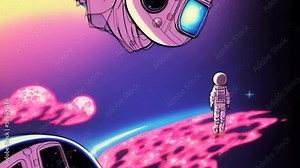 Generative AI animation of psychedelic sketch cartoon astronaut in the city. Crazy colorful background.