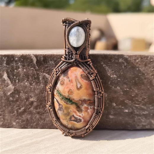 Wire Wrapped Agate Moonstone Pendant | Antiqued Copper Boho Necklace - Etsy