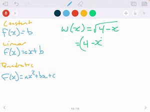 SOLVED:Determine if the function is constant, linear, quadratic, or none of these. w(x)=√(4-x)