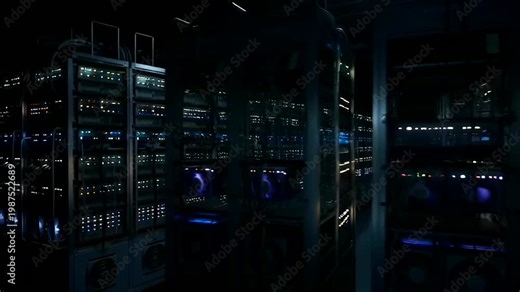 A massive enterprise data center facility with endless rows of high performance server racks illuminated by blinking blue lights in a dark cooling room focused on modern cloud computing and networking