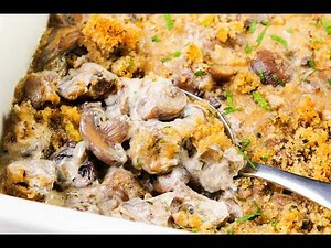 Creamy mushroom casserole with a golden crunch—easy comfort food perfection.