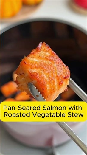 Recipe below:Pan Seared Salmon with Roasted Vegetable Stew #recipe #salmonrecipes #salmon