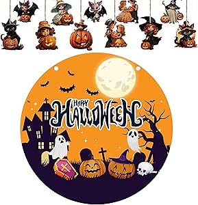 Halloween Spooky Castle Round Welcome Sign, Wood Hanging Decor Halloween Door Hanger Night Moon Pumpkin Ghost Wooden Signs Plaques with 12 Pcs Halloween Wooden Ornaments for Outdoor Outside Porch